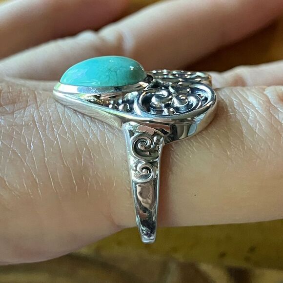 Natural Royston Turquoise Sterling Silver Heart Ring Size 9 - Picture 3 of 8
